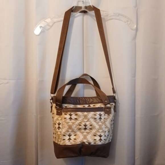 New Bucket Saddle Bag Purse Tote Brown Mustard Chevron Aztec print Pleather - Picture 2 of 10